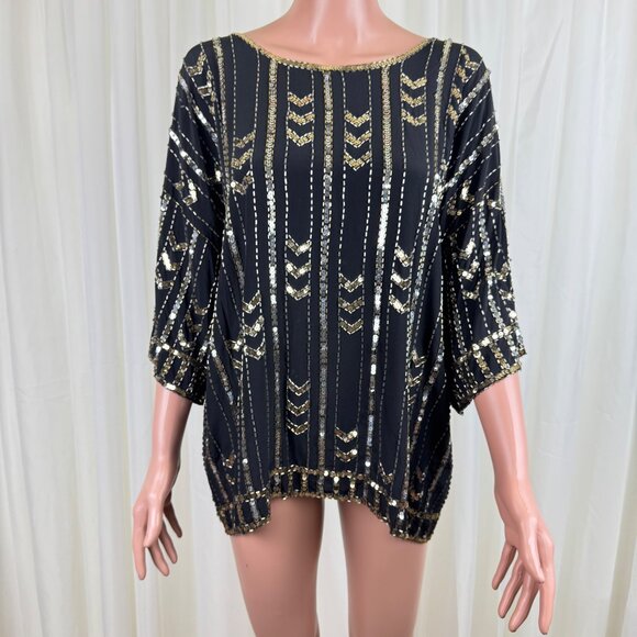 Vintage 80's Three Flaggs 100% Silk Beaded Sequins Blouse Top Sz Large Black - Picture 3 of 13